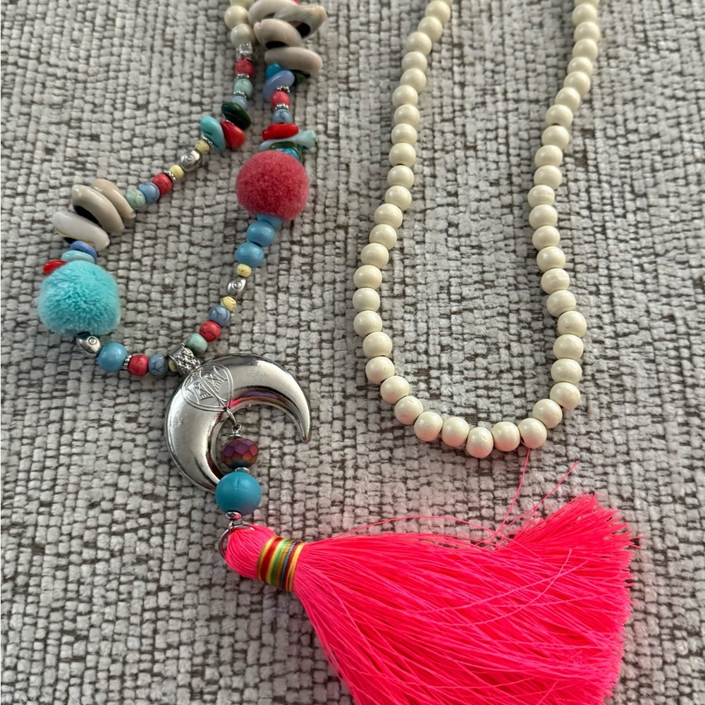 Colorful Beaded Necklace with Silver Pendant and Pink Tassel